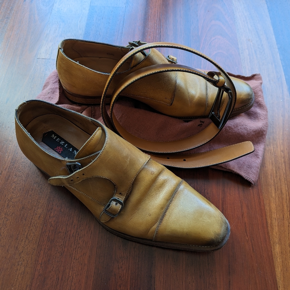 Mezlan Double Monk Strap Shoes in Honey (incl. matching belt)